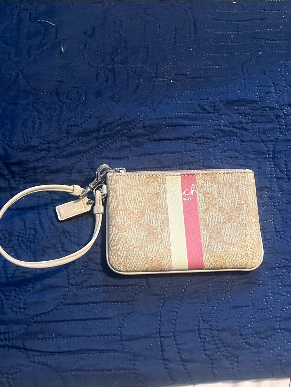 Coach Beige Signature Wristlet with Pink and Cream Stripe